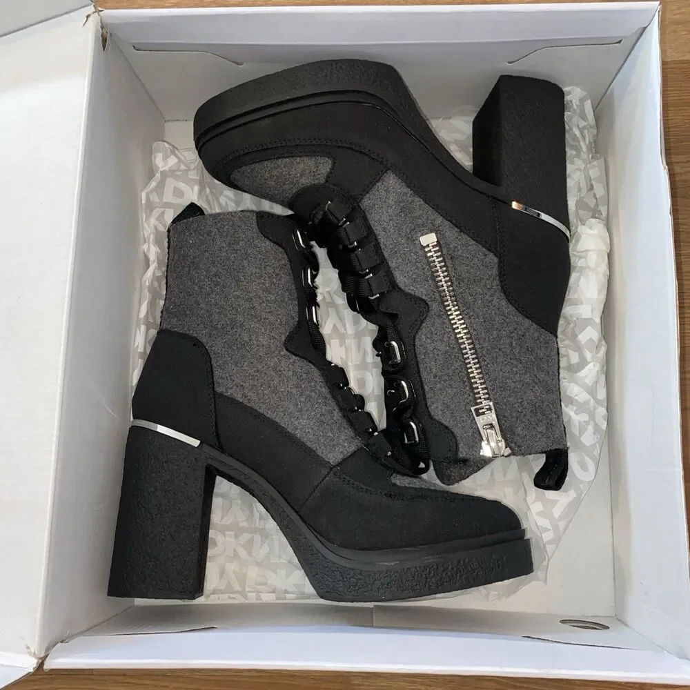 DKNY Womens Toia Lace-Up Zip Block heel platform Booties Grey Black Size 9.5 M